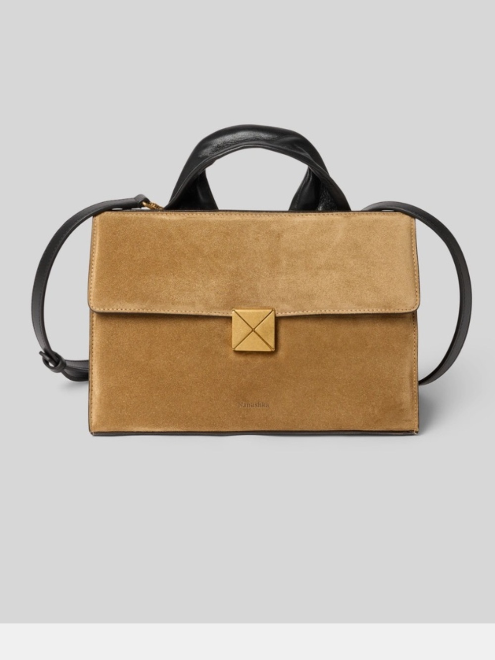 NANUSHKA Suede Top-Handle Satchel in Camel with Black Trim